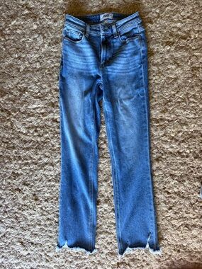 PAIGE Straight Leg Jeans in Medium Blue Wash with Raw Hem